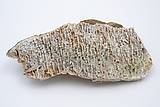 Abb. Chalcedonstofe mit kleinen Kügelchen die wie auf kleinen Zwischenmauer Lammellenartig angeordnt sind, weiß mit bräunlichem Hintergrung.