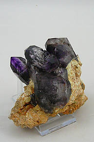 Abb. zeigt eine dunkelviolette Amethyststufe mit 9cm Größe und zonarer Bildung, die Kristalle sind auf Matrix aufgewachsen.