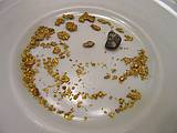 Abb.Goldflitter und Nuggets liegen wirr durcheinader auf einer porzelanweißen Kaffeetasse als Hintergrund.