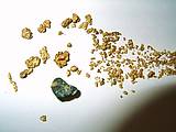 Abb. Goldnuggets liegen verstreut auf weißem Papier, Fliter von 1 mm bis Nuggets von 7 mm mit schöner dunkler Goldfarbe und goldenem Glanz.